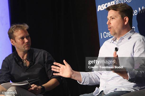 Composer Joel Douek and composer Joey Newman speak onstage during the 'Composer's Ultimate Survival Kit' panel, part of the 2016 ASCAP "I Create...