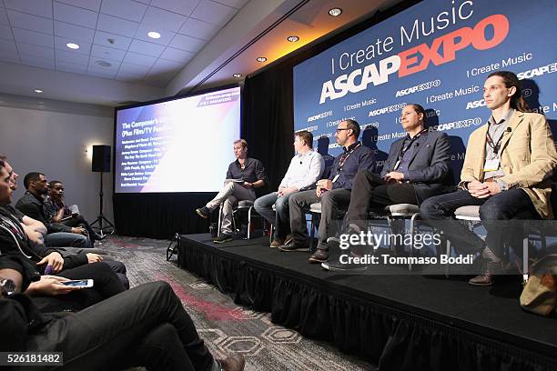 Composer Joel Douek, composer Joey Newman, attorney Brad Shenfeld; composer Didier Lean Rachou and composer composer Jeremy Borum speak onstage...