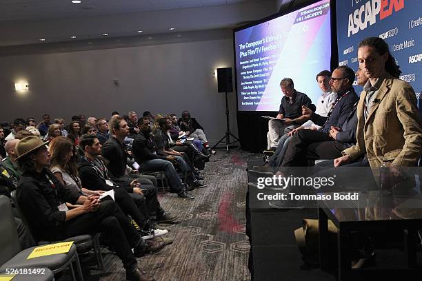 Composer Joel Douek, composer Joey Newman, attorney Brad Shenfeld; composer Didier Lean Rachou and composer composer Jeremy Borum speak onstage...