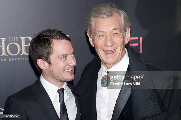 Elijah Wood and Ian McKellen attend The Hobbit premiere at Ziegfeld Theater in New York City. �� LAN