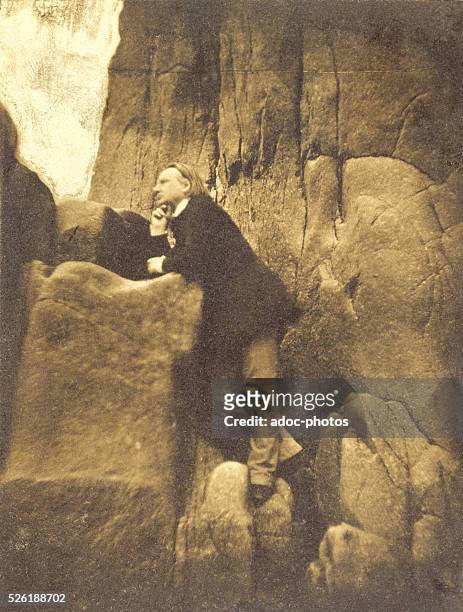 Victor Hugo . French writer and poet at Jersey in the rocks during his exile photographed by his son Charles. In 1853.