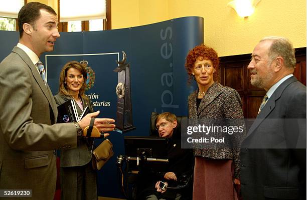 Spanish Royals Crown Prince Felipe and Princess Letizia attend a meeting with Stephen Hawking at Villa Magdalena on April 12, 2005 in Oviedo...