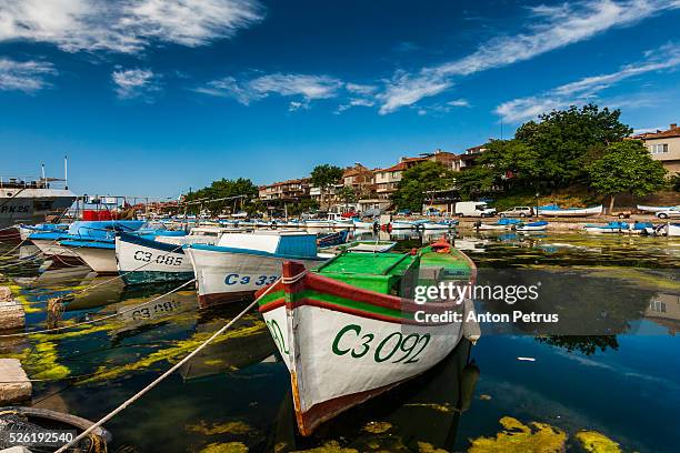 boats in fishing marina, sozopol, black sea, bulgaria - sozopol bulgaria stock pictures, royalty-free photos & images