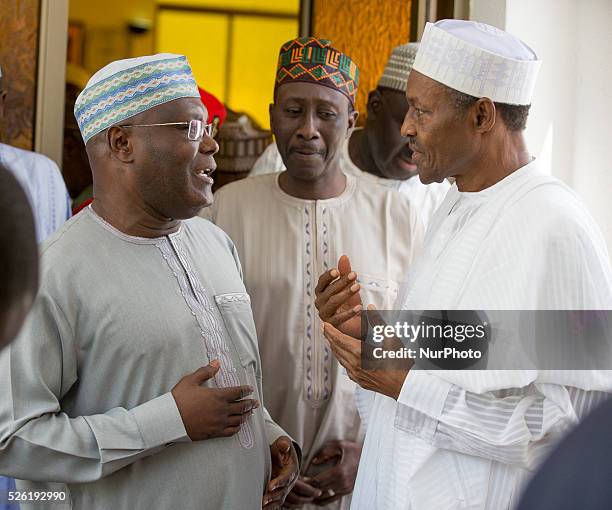 President Buhari with Former Vice President Alhaji Atiku Abubakar and National Security Adviser Maj. Gen. Babagana Monguno as President Buhari is...