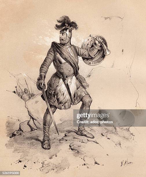 Lithograph depicting M��el Coluim mac Domnaill , also known as Malcolm I of Scotland, dressed in a suit of armour, wielding a sword and shield, circa...