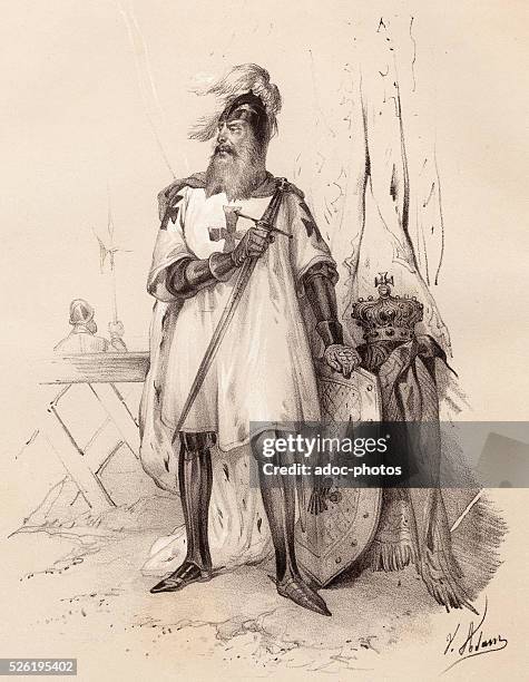 Lithograph depicting Frederick I Barbarossa , Holy Roman Emperor, circa 1185. Frederick also held the titles of King of Italy, King of Germany, King...