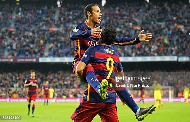 November 08- SPAIN: Neymar Jr. And Luis Suarez celebration during the match between FC Barcelona and Villarreal CF, corresponding to the week 11 of...