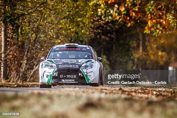 Rally winners Cherain and Leyh in the Citroen DS3 WRC in action during the 42e Rallye Du Condroz-Huy in Huy, Belgium on November 8, 2015.
