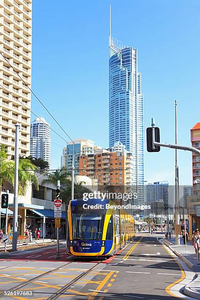 gold coast light rail (g:link) service with q1 in background - gold coast light rail stock pictures, royalty-free photos & images