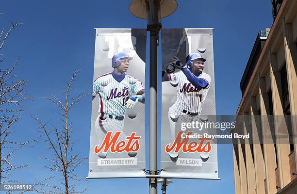 Banners of former New York Mets players Darryl Strawberry and Mookie Wilson hangs outside Citi Field, home of the New York Mets baseball team in...