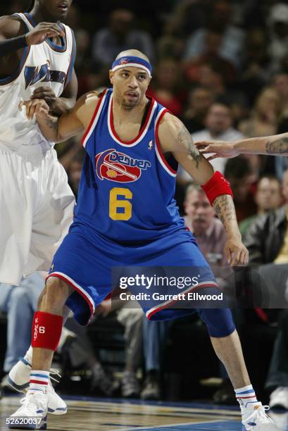 Kenyon Martin of the Denver Nuggets establishes post position during the game against the Washington Wizards on March 22, 2005 at the Pepsi Center in...