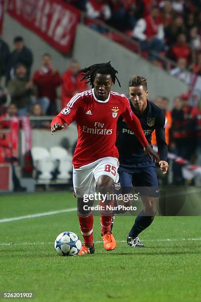 Benfica's midfielder Renato Sanches vies with Atletico Madrid's midfielder liver Torres during the UEFA Champions League Group C football match...