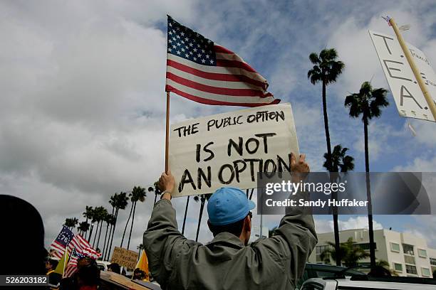 Protesters display anti-Government signs as they listen to speakers during a TEA Party rally in San Diego, California. The rally featured speakers...