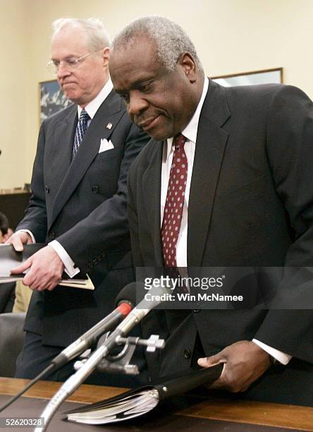 Supreme Court Justice Clarence Thomas and fellow Supreme Court Justice Anthony Kennedy arrive for an appearance before a subcommittee of the House...
