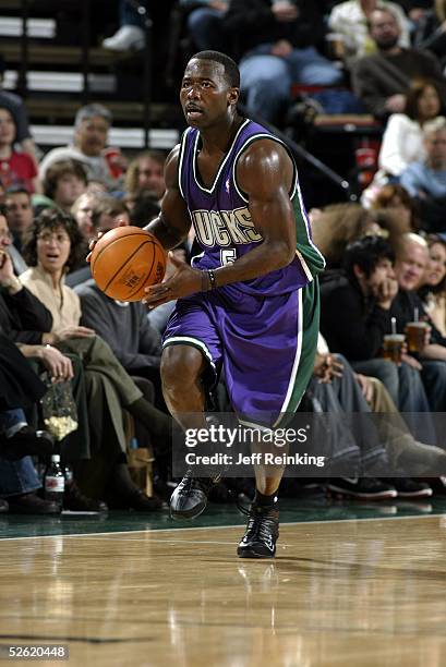 Anthony Goldwire of the Milwaukee Bucks drives down the court on March 22, 2005 at Key Arena in Seattle, Washington. The Sonics won 92-84.. NOTE TO...