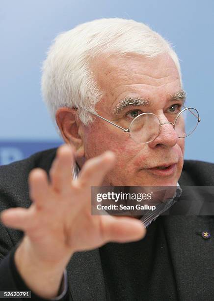 American architect Peter Eisenman, known for his Holocaust Memorial that is to open in Berlin in May, speaks at a news conference during the...