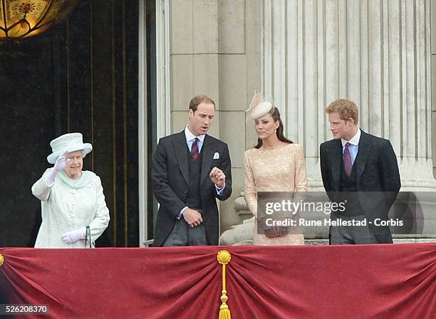 Queen Elizabeth II; Prince William, The Duke Of Cambridge; Catherine, The Duchess Of Cambridge and Prince Harry at the balcony after the Royal...