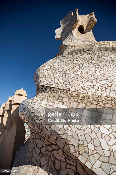 Barcelona, Catalonia, Spain. February 1. Datail of ventilation towers, knowed as The Soldiers or The Martians. Of the Casa Mila, knowed as La...