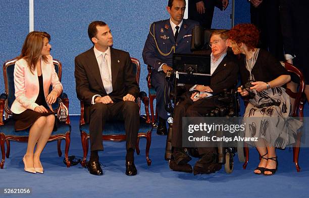 Crown Prince Felipe and Princes Letizia attend Stephen Hawking's conference at the "Prince of Asturias" Auditorium on April 12, 2005 in Oviedo,...