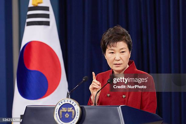 Feb 08, 2016 - South Korea, Seoul : Picture taken date is January 13, 2016. South Korean President Park Geun-hye addresses to the nation at the...