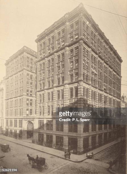 View of the Mills Building at the corner of Broad Street and Exchange Place, New York, New York, 1889.