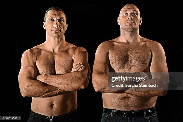 Wladimir Klitschko and Tyson Fury pose at Esprit-Arena on July 21, 2015 in Duesseldorf, Germany. Fury v Klitschko Part 2 will take place in...