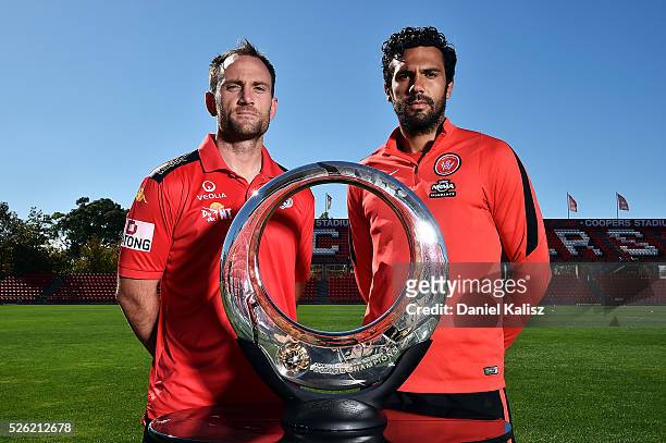 Adelaide United captain Eugene Galekovic and the Wanderers captain Nikolai Topor-Stanley pose for a photo with the Hyundai Championship A-League...