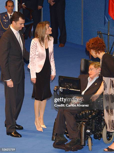 Crown Prince Felipe and Princes Letizia attend Stephen Hawking's conference at the "Prince of Asturias" Auditorium on April 12, 2005 in Oviedo,...