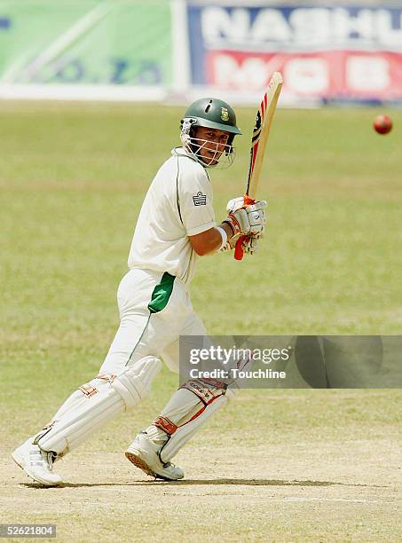 De Villiers of South Africa plays a shot on the fifth day of the second test between South Africa and the West Indies on April 12, 2005 in Port of...