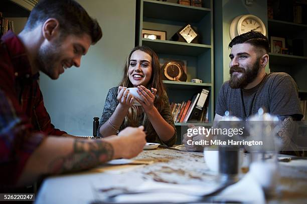 group of hipsters in cafe - hipsters fun indoor imagens e fotografias de stock