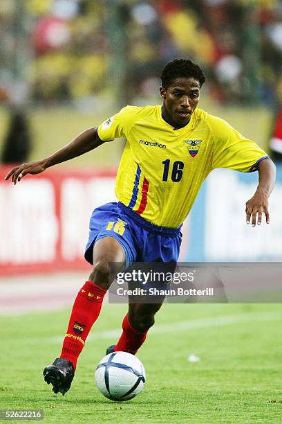 Luis Antonio Valencia of Ecuador celebrates during the 2006 World Cup Qualifier South American Group match between Ecuador and Paraguay at the...