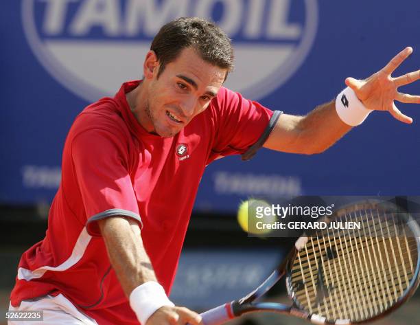 Spanish player Alberto Martin hits a ball against French Jean-Rene Lisnard at the Masters series Monte-Carlo 13 April 2005 in Monaco. Martin won 6-1,...