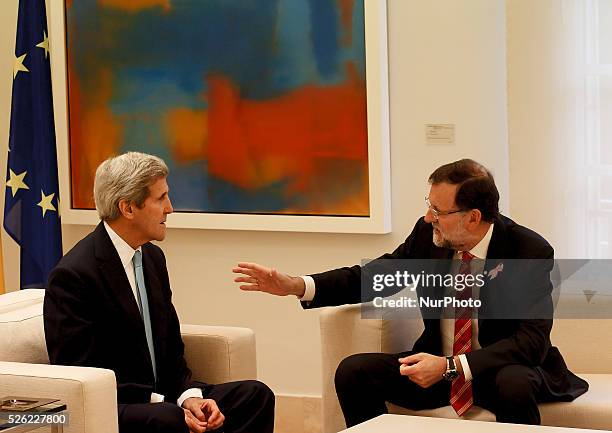 President of Spain Mariano Rajoy and US Secretary of State John Kerry during his visit to Spain at Moncloa Palace in Madrid on October 19, 2015....