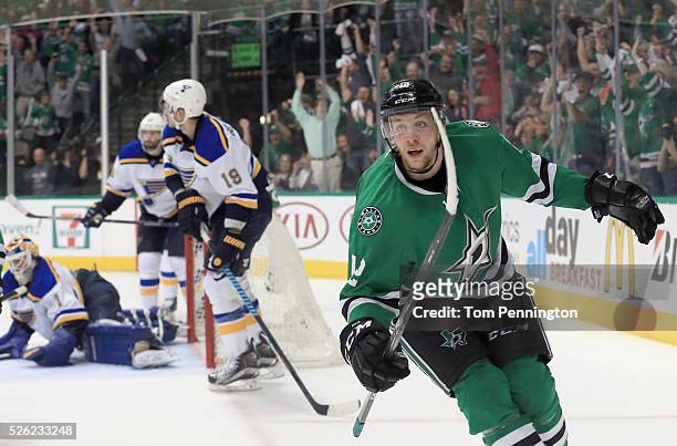 Radek Faksa of the Dallas Stars celebrates after scoring the game winning goal against Brian Elliott of the St. Louis Blues in the third period in...