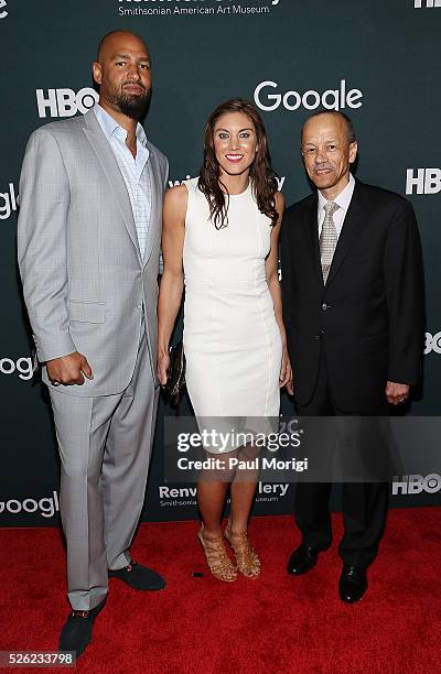 Jerramy Stevens, Hope Solo, and Rich Nichols attend the Google/HBO celebration of "All The Way" during White House Correspondents' weekend at the...