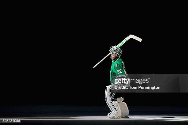 Kari Lehtonen of the Dallas Stars skates onto the ice to be recognized after the Stars beat the St. Louis Blues 2-1 in Game One of the Western...