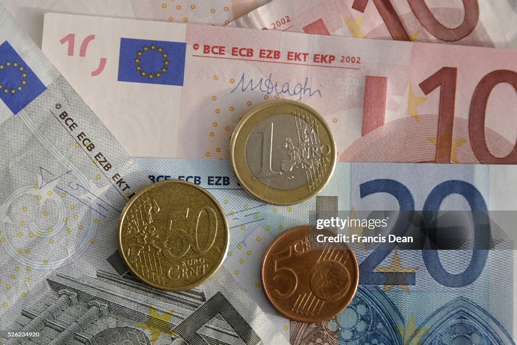 Euro money notes and coin or eurozon countries