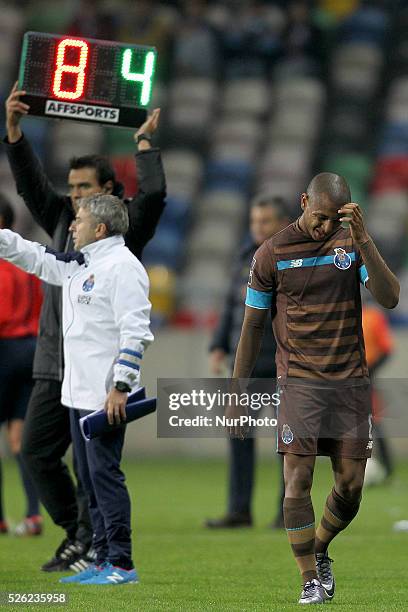 Porto's Algerian forward Yacine Brahimi reacts after replacing during the Premier League 2015/16 match between CD Tondela and FC Porto, at Municipal...