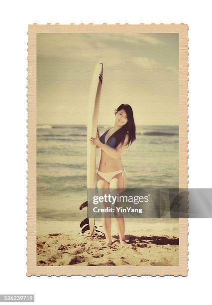 antique retro postcard photo of hawaiian woman surfer on beach - 40s pin up girls stock pictures, royalty-free photos & images