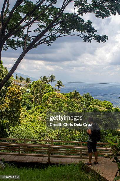 backpacker looking over green mountain - tagaytay stock pictures, royalty-free photos & images