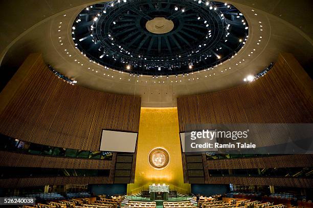 The empty General Assembly hall at United Nations headquarters in New York City on September 21, 2009. The U.N. Will host leaders from around the...