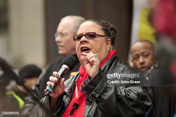 Chicago Teachers Union President Karen Lewis speaks during a protest in Chicago, March 27, 2013. Thousands of demonstrators rallied in downtown...