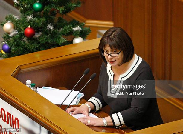 Ukrainian Minister of Finance Natalia Yaresko speaks to lawmakers during a parliament meeting session in Kiev, Ukraine, 17 December 2015. The...