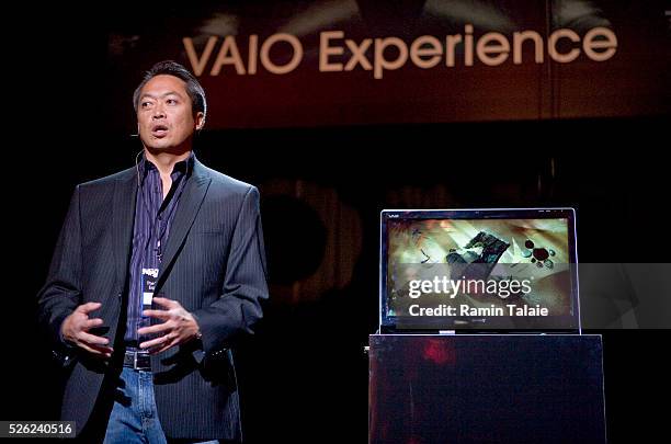 Michael Abary, Senior Vice President of Marketing for Sony, speaks next to a Sony Vaio L Touch HD PC/TV computer during the unveiling of new Sony...