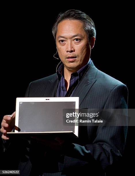 Michael Abary, Senior Vice President of Marketing for Sony, holds a Sony Vaio X Series notebook as he speaks during the unveiling of new Sony Vaio...