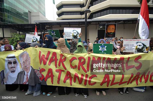 Demonstrators protested at the Embassy of Saudi Arabia in Jakarta on January 04,2016. This demonstrator action related to the execution of a...