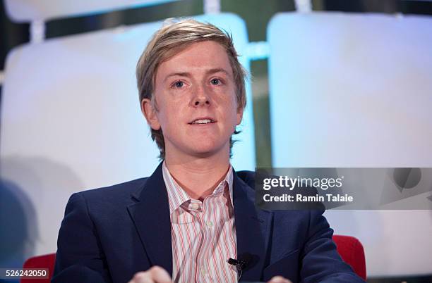 Chris Hughes, an original founder of Facebook and Executive Director of Jumo, speaks during the TechCrunch Disrupt conference in New York, on...