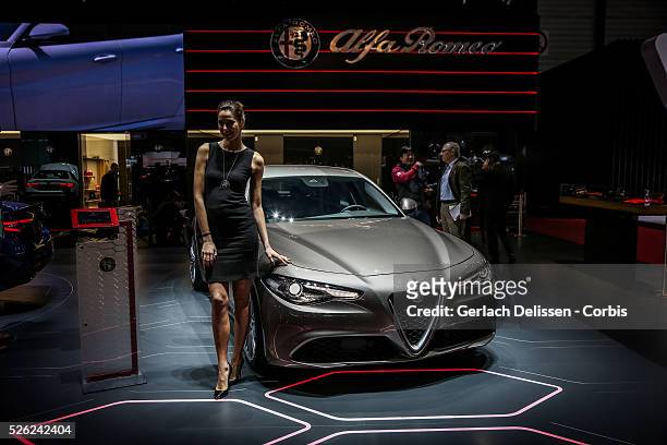The Alfa Romeo Giulia on display at the 86th Geneva International Motorshow at Palexpo in Switzerland, March 2, 2016.