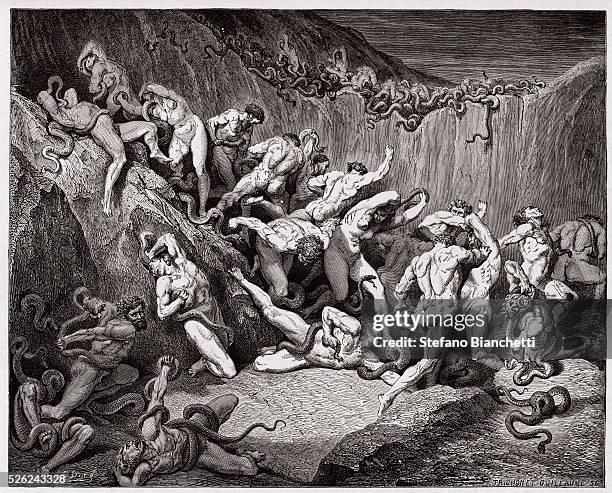 The Divine Comedy , Inferno, Canto 24 : The thieves tormented by serpents - by Dante Alighieri - Engraving by Gustave Dore , 1885