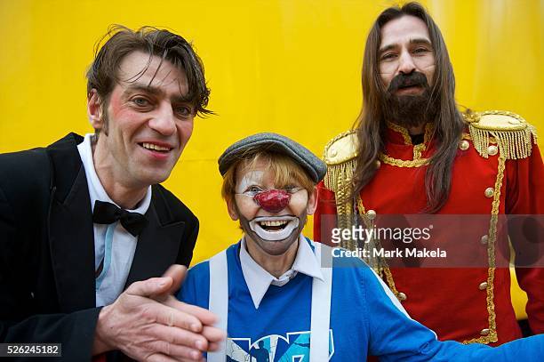Ringmaster Andrey Voronin and clowns Valentina Rumyantseva and Valery Kashkin, all performers from the Moscow State Circus, pose for a portrait the...